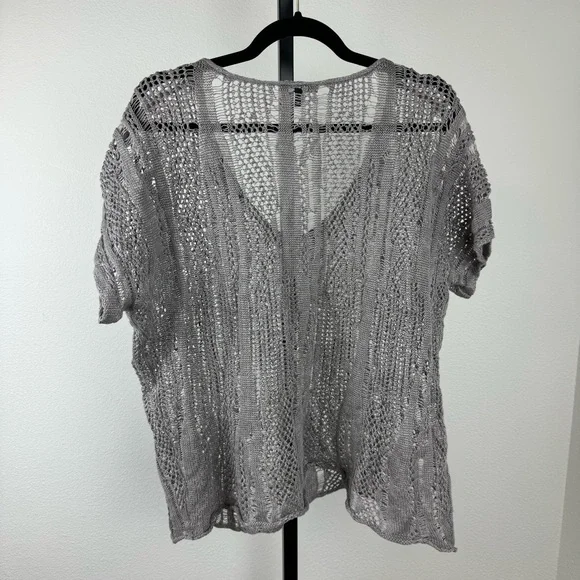 Eileen Fisher Crochet Linen Blend Short Sleeve Grey Popover Top, Sz L - Picture 5 of 8